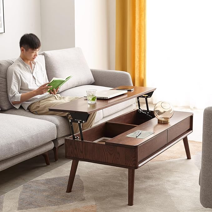 100% Solid Wood Lift Top Coffee Table for Living Room, Mid Century Modern Tables with Drawers and Large Storage, Oak Wood Coffee Tables for Small Spaces (Oak Walnut Color, 47.24"W x 23.62"D x 25.59"H)-Ruum Studio Home