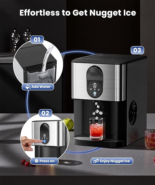 Nugget Ice Makers Countertop, Pellet Ice Maker Machine Dispenser with Water Reservoir with 44lbs/24H, Self-Cleaning, Soft Chewable Ice Maker Machine for Home/Kitchen/Office, Silver Stainless-Ruum Studio Home