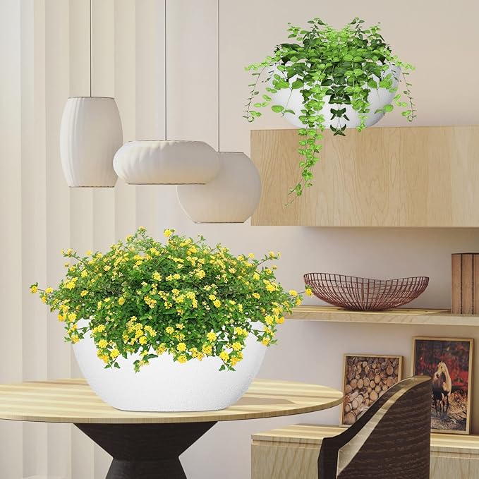 WOUSIWER 13 inch 2Pack Large Hanging Planters for Outdoor Indoor Plants with Drainage Holes and Chain, Round Hanging Flower Pots for Garden Home Porch Decor, White-Ruum Studio Home