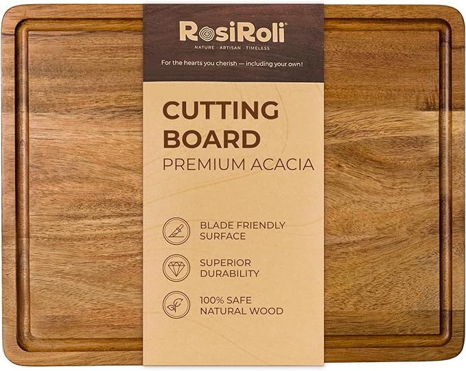 Acacia Wood Cutting Board for Kitchen - 0.8 inch Thick Wood Charcuterie Cheese Board with Side Handles and Juice Grooves, Wooden Chopping Block for Meat and Veggies, 13x10 inch-Ruum Studio Home