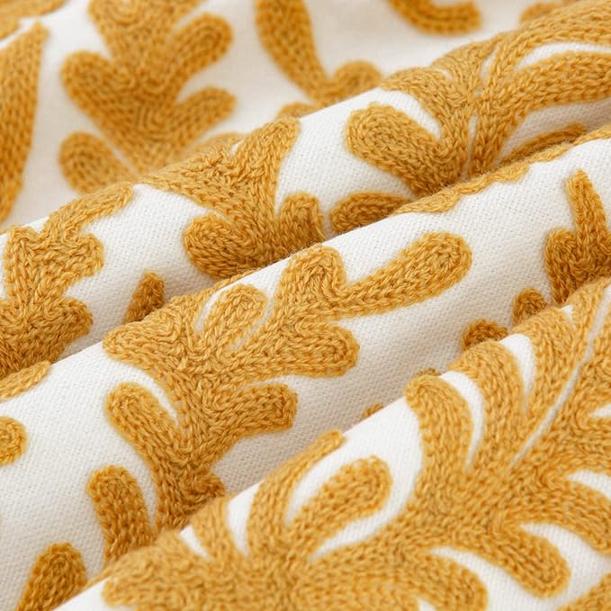 HWY 50 Mustard Yellow Decorative Throw Pillow Covers 18x18 Inch (1 Piece), Embroidered Cotton Farmhouse Cushion Cover Pillow Case for Sofa Couch Living Room Bed Bedroon, Floral Branches-Ruum Studio Home