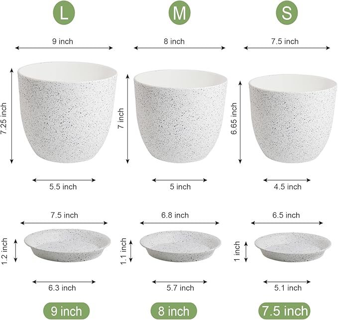 9/8/7.5 inch Flower Pots, Set of 3 Modern Decorative Plastic Planters with Drainage Holes and Saucers for Garden House Plants, Plant Pots for Indoor Outdoor Plants, Speckled White-Ruum Studio Home