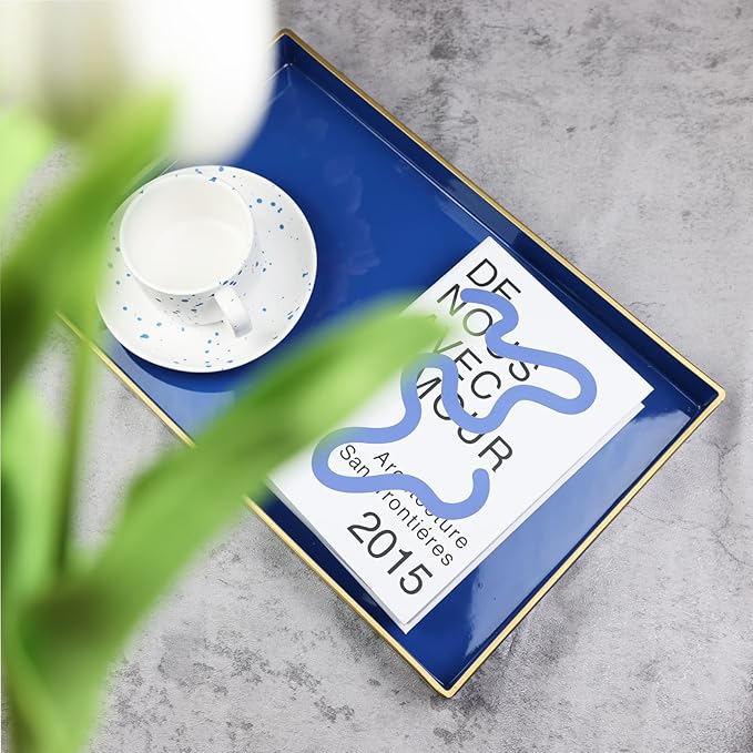 Spsyrine Blue Decorative Serving Tray with Handles, Elegant Plastic Coffee Table Tray for Ottoman, Living Room, Home Decor 15.6" X 10.2"-Ruum Studio Home