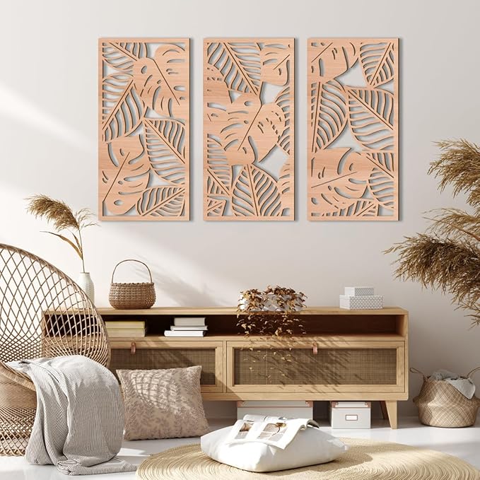 IARTTOP Leaf Wood Tropical Wall Art 15.9X32 Inch Carved Palm Leaves Wall Decor Coastal Monstera Plant Wall Sculptures for Living room Bedroom Set of 3-Ruum Studio Home