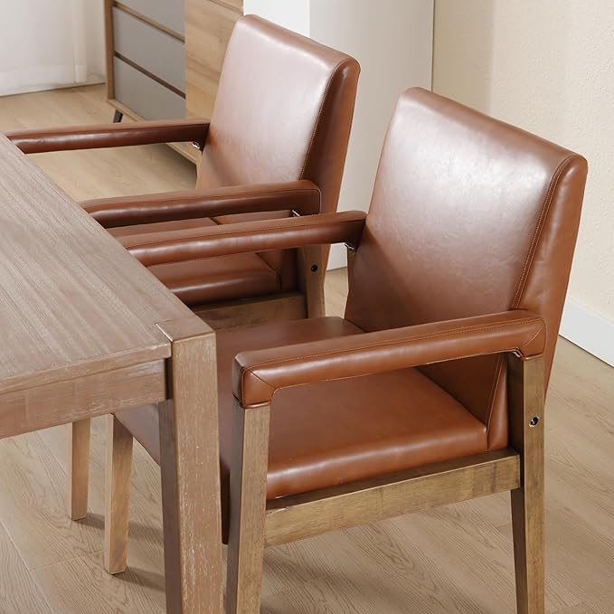 Kmax Modern Dining Chairs Set of 2 Faux Leather Kitchen Arm Chairs Upholstered Accent Chairs with Wooden Legs for Dining Room, Living Room, Bedroom, Brown-Ruum Studio Home