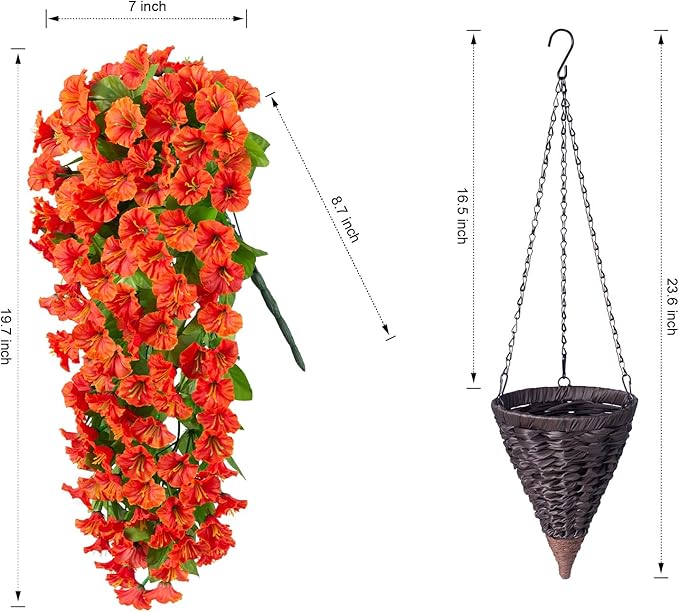Artificial Fake Hanging Flowers Plants Baskets for Outdoor Fall Decoration, Faux Silk Orange Morning Glory in Planter UV Resistant Look Real for Home Porch Patio Balcony Yard Decor-Ruum Studio Home