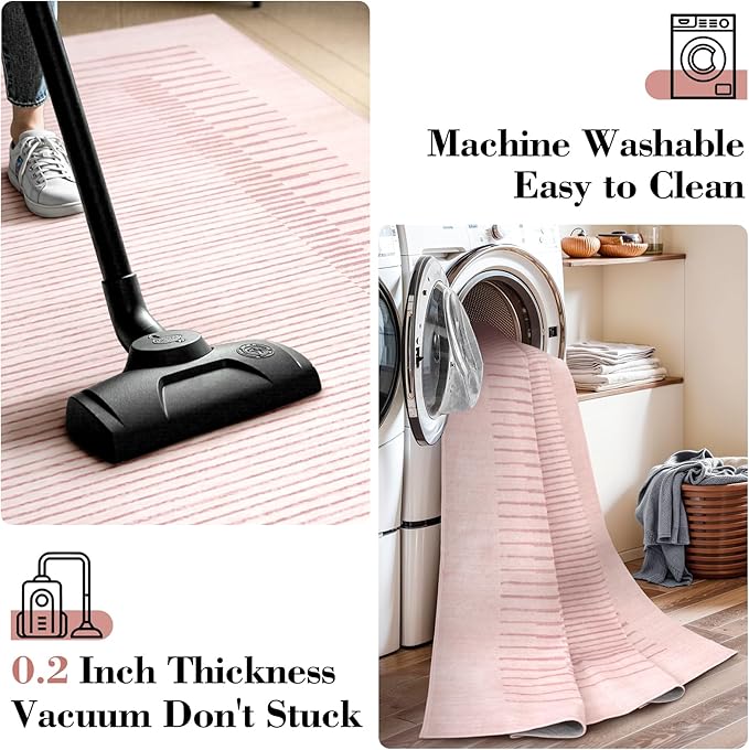 Wonnitar Washable Striped Living Room Area Rug 5x7, Non-Slip Berber Stripe Pink Area Rugs for Bedroom Girls, Low Pile Soft Large Throw Carpet for Kids Nursery Room (Pink,5' x 7')-Ruum Studio Home