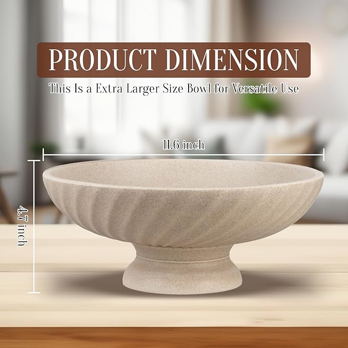 Large Resin Pedestal Decorative Bowl - Modern Fruit Bowl for Kitchen Counter - Handicraft Bowls for Home Decor - Key Bowl for Entry Table,Artificial Stone Beige-Ruum Studio Home