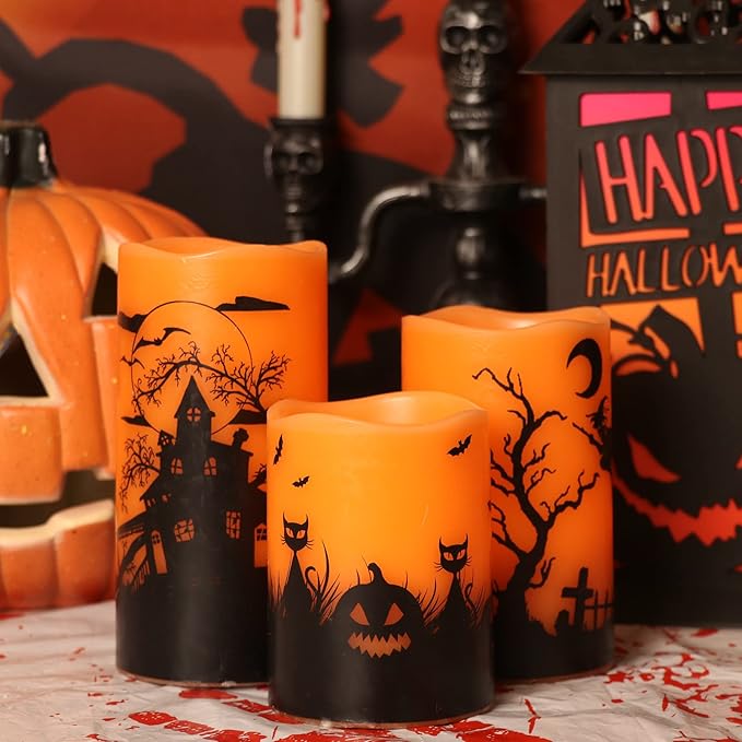 Wondise Halloween Flickering Flameless Candles with 6 Hour Timer, Battery Operated LED Real Wax Candles Set of 3 Halloween Home Decoration Gifts(3 x 4 5 6 Inch)-Ruum Studio Home