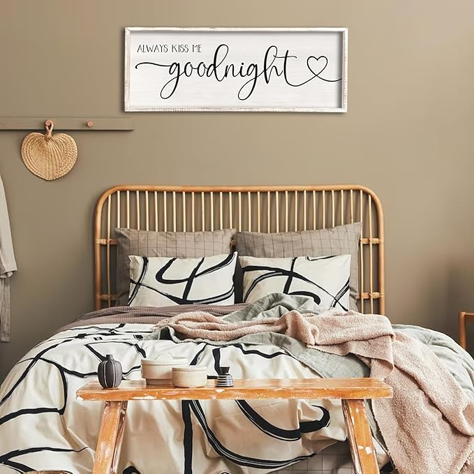 flowtorely Always Kiss Me Goodnight Wall Sign For Master Bedroom Above Bed Wall Decor 32''×12'' Large Rustic Solid Wood Frame For Farmhouse Couples Above bed Wall Art Decoration (White)-Ruum Studio Home