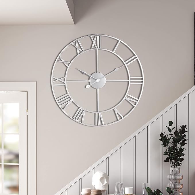 LEIKE 24" Modern Large Wall Clocks,Vintage, Round,Silent Non Ticking,Battery Operated,Silver Metal Roman Numerals Clock for Living Room/Bedroom/Kitchen Decor-Ruum Studio Home