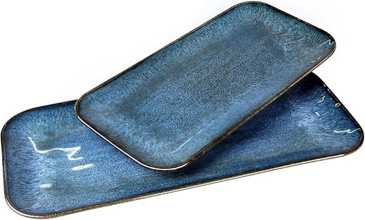 Porcelain Dinner Plates Blue 2 PCS, Serving platters for entertaining, for Fruit, cheese, snack, Bread, cupcake, Salad - Scratch Resistant durable, Microwave, Dishwasher Safe-Ruum Studio Home
