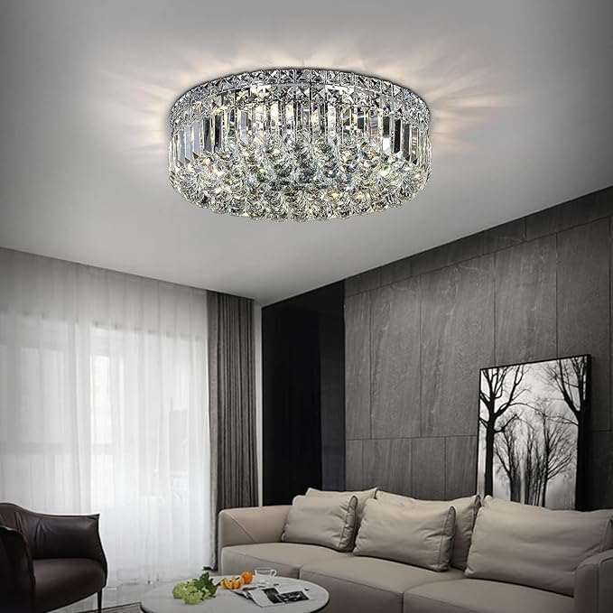 6-Lights Crystal Flush Mount Chandelier Light Fixture with K9 Crystals Modern Ceiling Lights Elegant Pendant Lamp for Bedroom,Hallway,Bar,Living Room,Dining Room,H5.9 xW20 (Bulbs Not Included)-Ruum Studio Home