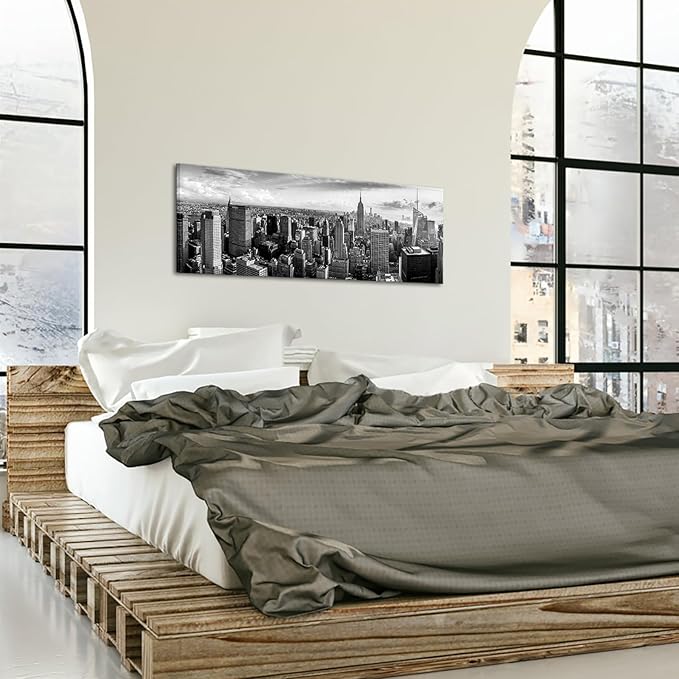 LevvArts New York Canvas Wall Art Black and White City Skyline Picture Panoramic Photo Canvas Print Modern Home Office Living Room Wall Decoration Ready to Hang 20"x55"-Ruum Studio Home