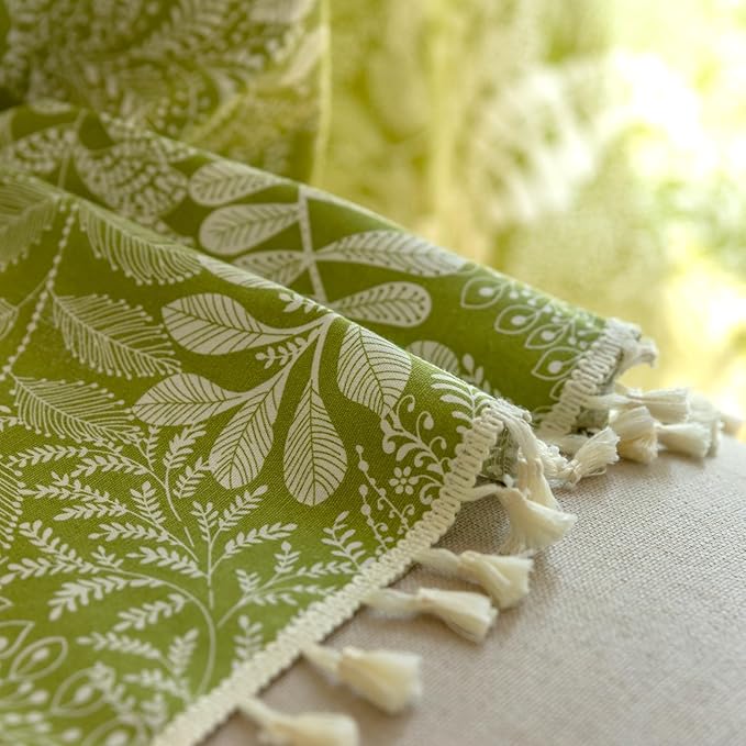 Sutuo Home Boho Curtains 84 Inches Length for Bedroom Living Room, Printed Cotton Linen Rod Pocket Rustic Farmhouse Bohemian Tassels Window Treatment, 1 Panel 59" W x 84" L, Green Botanic Leaves-Ruum Studio Home