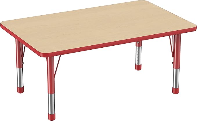 FDP Rectangle Activity School and Classroom Kids Table (30 x 48 inch), Chunky Toddler Legs, Adjustable Height 15-24 inches - Maple Top and Red Edge-Ruum Studio Home