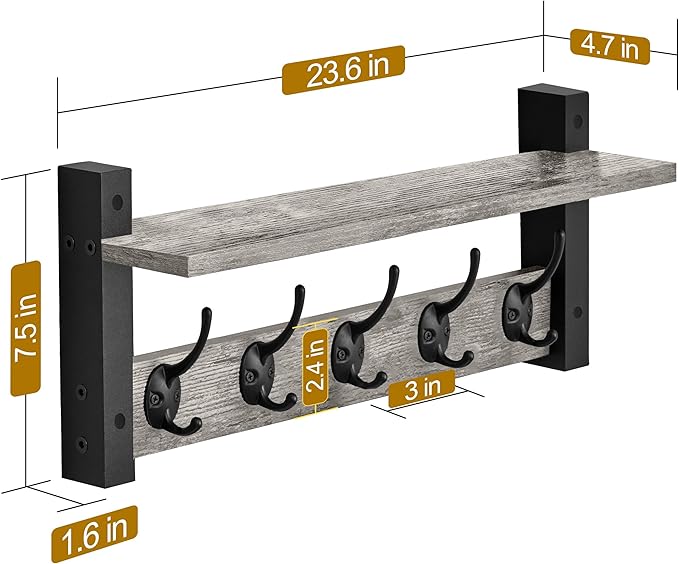 Sorbus Coat Hooks Wall Mount with Shelf – 24 Inch Coat Rack Wall Mount with 5 Heavy Duty Hooks – Floating Wall Shelf with Hooks for Entryway, Bathroom, Bedroom, Kitchen, or Mudroom (Gray)-Ruum Studio Home