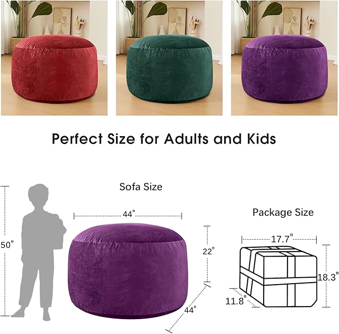 Bean Bag Chairs for Adults - Memory Foam Furniture BeanBag Chair - Kids/Teens Sofa with Soft Micro Fiber Cover - Round Fluffy Couch for Living Room Bedroom College Dorm - 4 ft, Purple-Ruum Studio Home