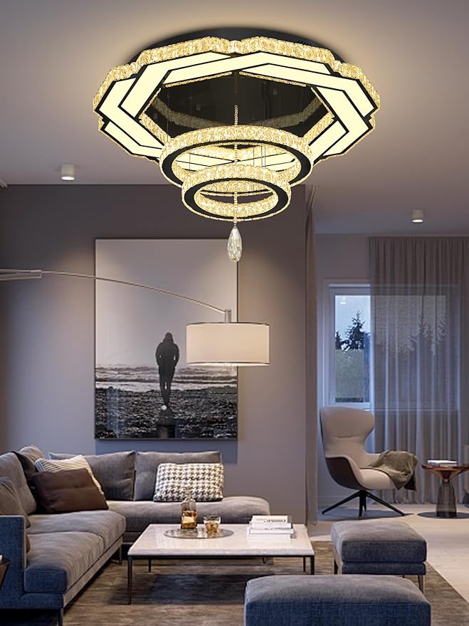 Flashing God Dia 32" Modern Crystal Chandelier Crystal Black Ceiling Light Fixtures LED Flush Mount Ceiling Light for Living Room Bedrooms Dining Room Dimmable 2700k- 6000k-Ruum Studio Home