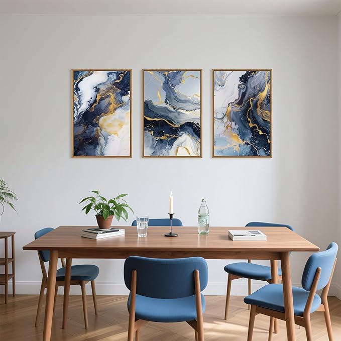 Celestdeco Blue Abstract Framed Canvas Wall Art Set, Blue Golden Aesthetic Wall Decor, Navy Blue Gold Wall Painting, Neutral Modern Art Print for Living Room, Bedroom, Dining Room, Office 24"x36"x3-Ruum Studio Home