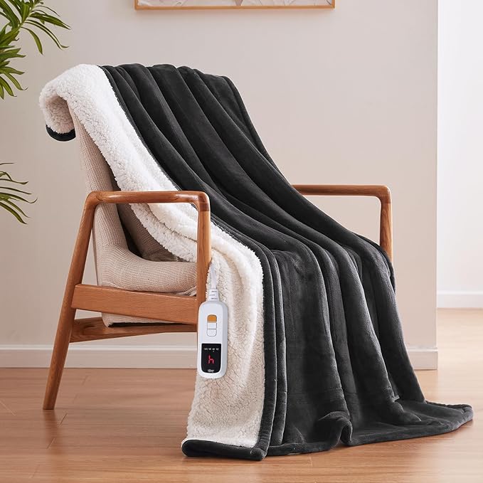 Sealy Electric Blanket Throw Size 50"*60",Super Cozy Flannel to Sherpa Reversible Heated Blanket Throw with 6 Heating Levels & 2-10 Hours Auto Off Overheating Protection Machine Washable,Charcoal-Ruum Studio Home
