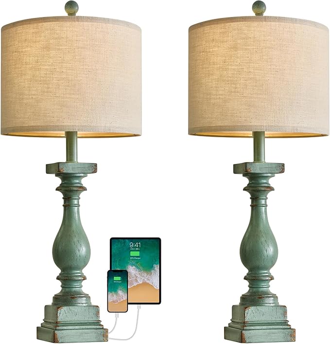 BOBOMOMO 27" Farmhouse Table Lamp Set of 2 with USB A+C for Bedroom Living Room Vintage Rustic Traditional Nightstand Bedside Lamps Retro Side Table Lamps (Green)-Ruum Studio Home