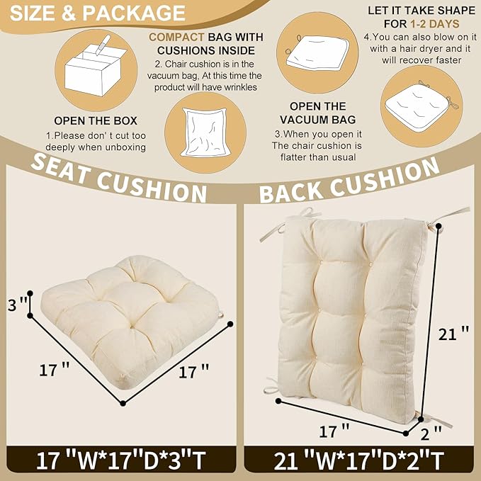 BUYUE Chair Cushion Set for Rocking Chair, Back Pillow & Seat Cushion with Ties, Original Woven Fabric Non-Slip Chair Pads for Elderly Sitting, Beige-Ruum Studio Home