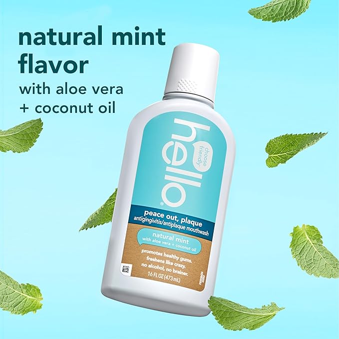 Hello Peace Out Plaque, Antigingivitis Alcohol Free Mouthwash, Natural Mint with Aloe Vera and Coconut Oil, Fluoride Free, Vegan, SLS Free and Gluten Free, 16 Ounce (Pack of 3)-Ruum Studio Home