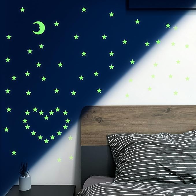 100 Stars and 1 Moon Glow in The Dark Luminous Fluorescent 3D Plastic Glow Stars Moon for Ceiling, Glowing Wall Stickers Create a Realistic Starry Sky, Room Decorations (Green)-Ruum Studio Home