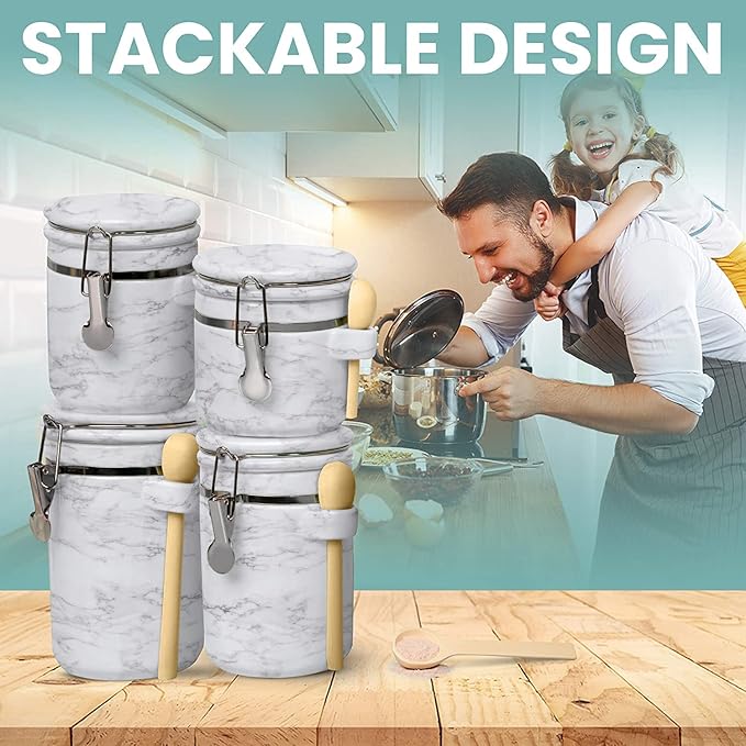 Home Intuition 4-Piece Ceramic Kitchen Canisters Set, Airtight Containers with Wooden Spoons Reusable Chalk Labels and Marker for Sugar, Coffee, Flour, Tea (White Marble)-Ruum Studio Home