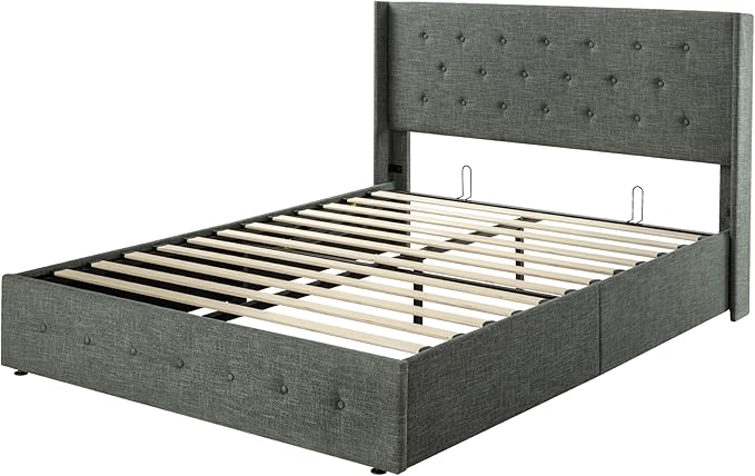 Allewie Queen Size Lift Up Storage Bed, Button Tufted Headboard with Wingback, Hydraulic Support, No Box Spring Needed, Dark Grey-Ruum Studio Home