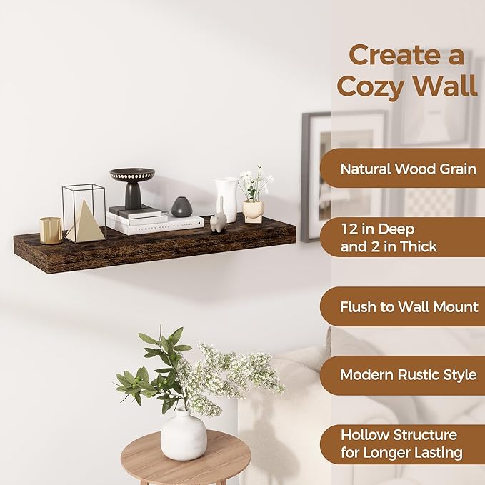 Floating Shelves 30 Inch Long, 12 Inch Deep Floating Shelf for Books, Rustic Wood 30 x 12 Storage Shelves for Wall Storage & Display, Thicked Wall Shelf for Kitchen, Living Room, Rustic Brown, 1 Pack-Ruum Studio Home