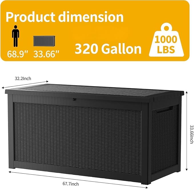 320 Gallon Outdoor Storage Box Waterproof Lockable Resin Deck Box Large, Patio Storage Bin for Pool Accessories Cushion Furniture, Garden Tools, UV-Resistant Outside Delivery Black-Ruum Studio Home