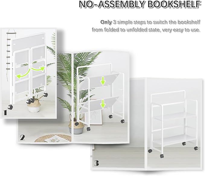 4NM 2 Tiers No-Assembly Folding Bookshelf with Wheels, Portable Rolling Storage Bookcase & Compact Side Table for Living Room, Bedroom, Kitchen, Bathroom (All White)-Ruum Studio Home