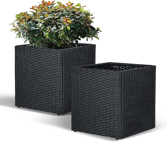 SUNNYPARK Set of 2 Large Square Planter with Removable Liner, All-Weather PE Rattan Modern Planters Indoor Outdoor Flower Plant Pots Garden Box Patio Yard Front Porch Deck-Ruum Studio Home