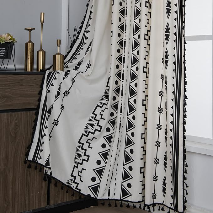 Sutuo Home Black and White Boho Curtain 84 Inches Length for Bedroom, Printed Cotton Linen Geometric Rod Pocket Chic Semi Blackout Bohemian Tassels Window Treatment, 1 Panel 59" W x 84" L-Ruum Studio Home