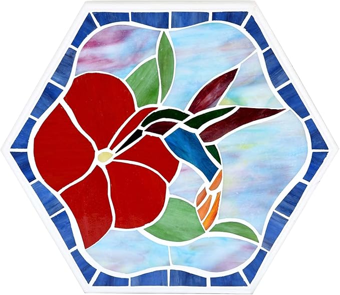 Bieye MSS003 Tiffany Style Stained Glass Mosaic Decorative Stepping Stone for Garden Decor (13" Hexagonal, Hummingbird)-Ruum Studio Home