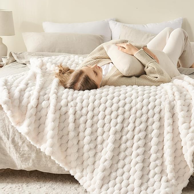 NEWCOSPLAY Super Soft King Blanket Ivory Premium Silky Flannel Fleece 3D Clouds Stylish Jacquard Lightweight Bed Blanket All Season Use 350GSM (Ivory, King(90"x110"))-Ruum Studio Home