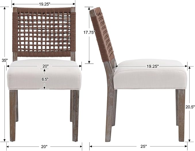 Kmax Farmhouse Dining Chairs Set of 2, Rustic Kitchen Chairs with Linen Fabric Seat and Woven Back, Vintage Accent Chairs for Dining Room, Living Room, Beige-Ruum Studio Home
