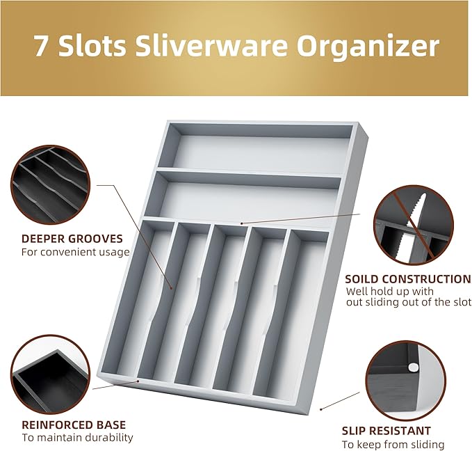 Silverware Organizer 13 Inch Gray Bamboo Kitchen Drawer Organizer 7 Slots Utensil Organizer Silverware Holder Cutlery Organizer Flatware Tray (Large)-Ruum Studio Home