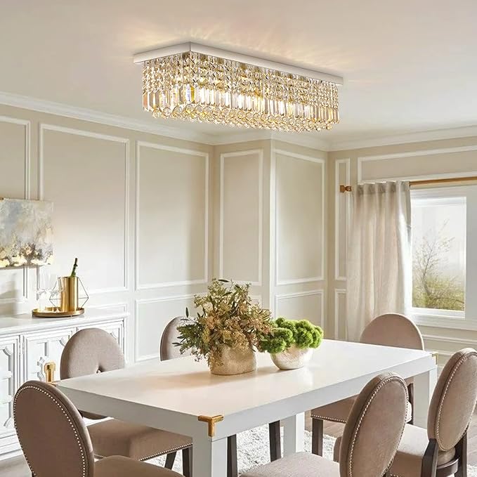 Siljoy Modern Crystal Chandelier 8-Lights Rectangular Flush Mount Pendant Ceiling Light Fixture Rectangle K9 Crystal Raindrop Chandelier for Dining Living Room Kitchen Island L40'' x W10'' x H10'-Ruum Studio Home