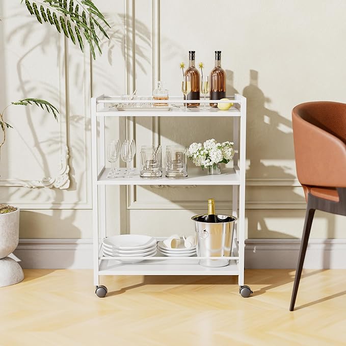 HITNET White Bar Cart, Home Bar Serving Cart, Kitchen Trolley on Wheels with Storage, 3 Tier Rolling Beverage Cart for Living Room Kitchen Home Office-Ruum Studio Home