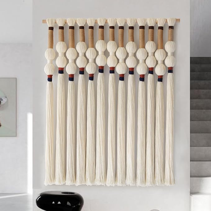 Macrame Wall Hanging Boho Wall Art Handmade Spherical Knot Design with Tassel Fringe, Boho Decor for Bedroom Living Room, for Home Decoration 27" W x 33" L-Ruum Studio Home