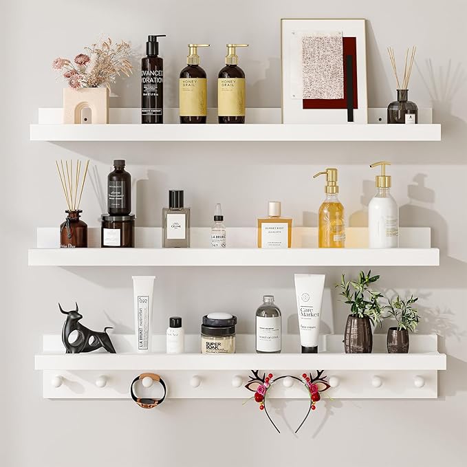 MBYD White Floating Shelves for Wall with Hooks, Nursery Book Shelves for Kids Room, 36 Inch Wall Mount Bookshelf for Living Room Bedroom Bathroom Kitchen, Hanging Picture Ledge Shelf Set of 3-Ruum Studio Home