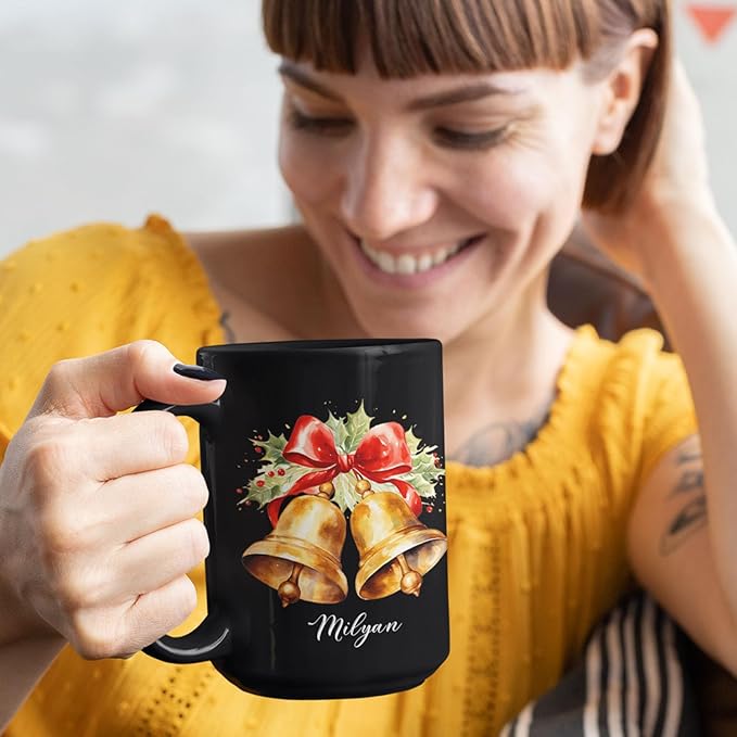 Christmas Jingle Bells Design Ceramic Mug, Custom Christmas Themed Cup With Name, Gift For Sibling, Personalized Coffee Mug With Jingle Bells Design, Customized Xmas Black Cup 11oz 15oz-Ruum Studio Home