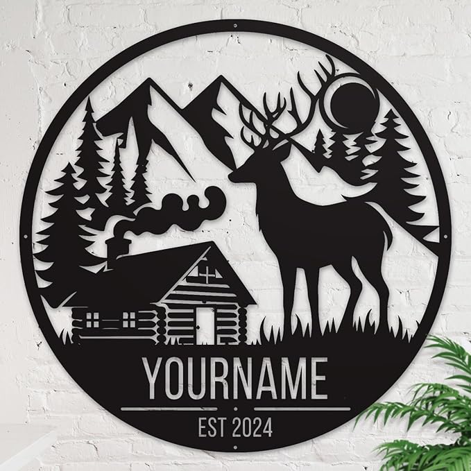 Personalized Deer Forest Name metal Signs,Custom Shed Metal Wall Decor,Black Deer Metal Wall Art Decor,Deer Home Metal Signs Plaques,Outdoor wall Decorative Signage (Style B)-Ruum Studio Home