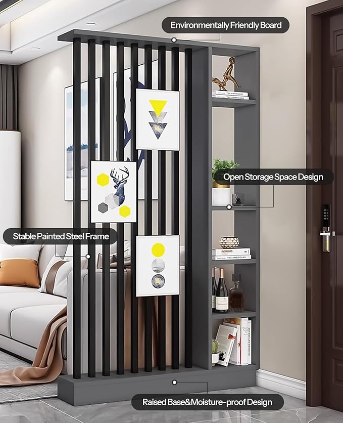 Wall Room Divider, Storage Cabinet Storage Display with Shelves, Modern Freestanding Wood Room Divider Screen, Wall Privacy Screens for Home Decorative (Grey+Black,47" L x 9.5" W x 79.5" H)-Ruum Studio Home
