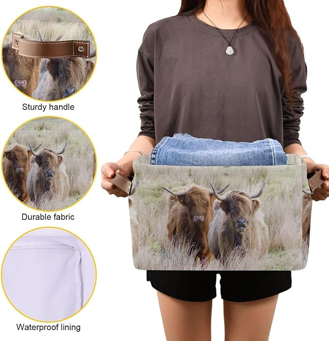 Highland Cows Storage Basket Cube Storage Bins Organizer Bag Collapsible Closet Shelf Baskets with handle for Baby Cloth Pet Toy Book 14.2×10.2×8.3 IN-Ruum Studio Home