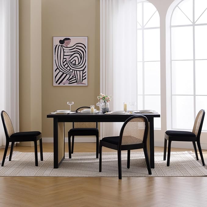 Mid Century Dining Chairs Set of 2, Accent Rattan Sherpa Fabric Side Chairs Kitchen Chair with Solid Wooden Legs for Living Room Dining Room, Black-Ruum Studio Home