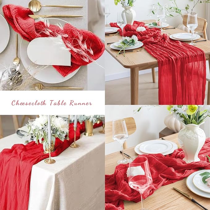 6 Pack Red 10FT Cheesecloth Table Runner Rustic Gauze Fabric Cheese Cloth Table Runner for Wedding Bridal Baby Shower Table Decor Boho Sheer Birthday Party Table Decorations 20 x 120 Inch Long-Ruum Studio Home